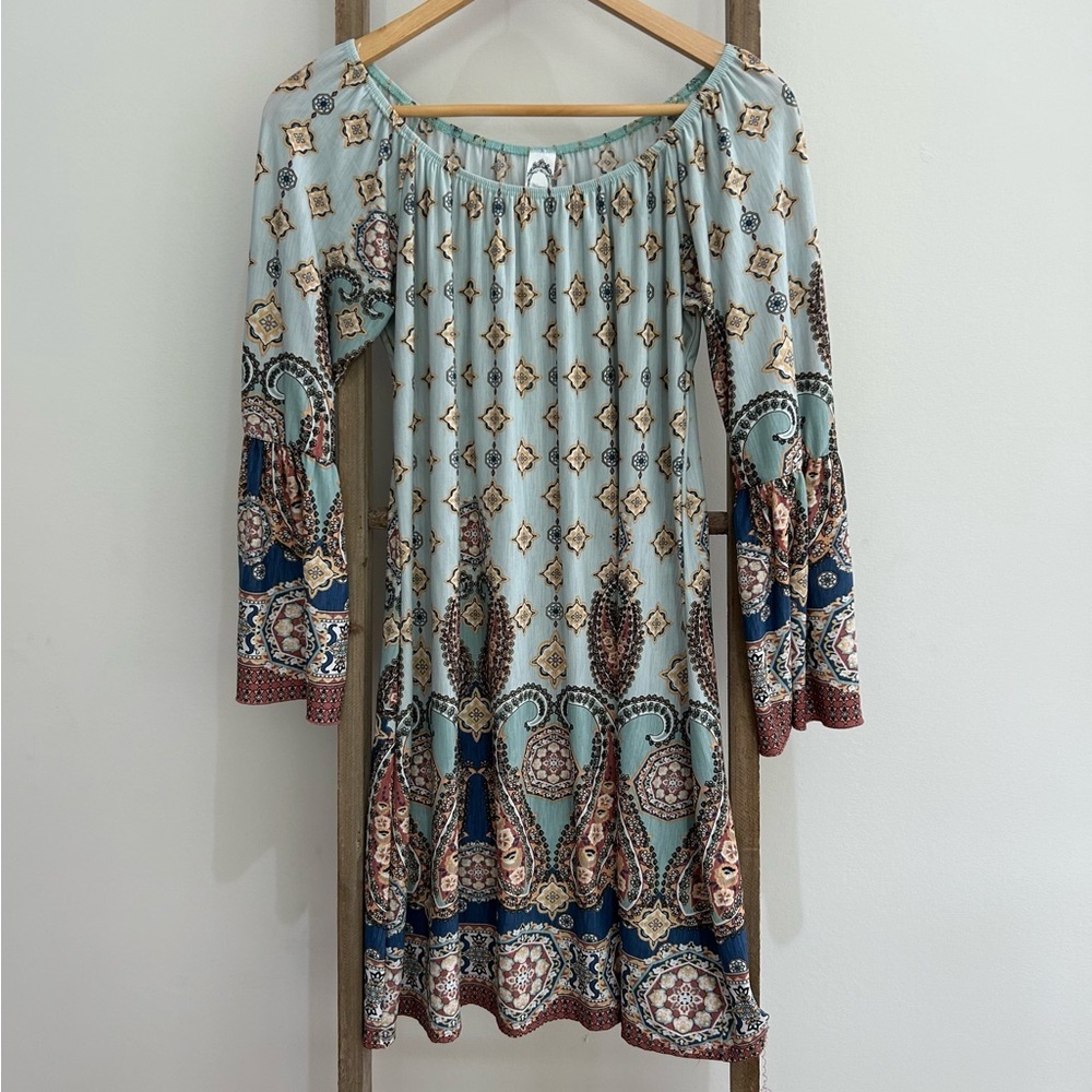 Honeyme Boho Bohemian Paisley Print 3/4 Flare Sleeves Women's Dress Size Small